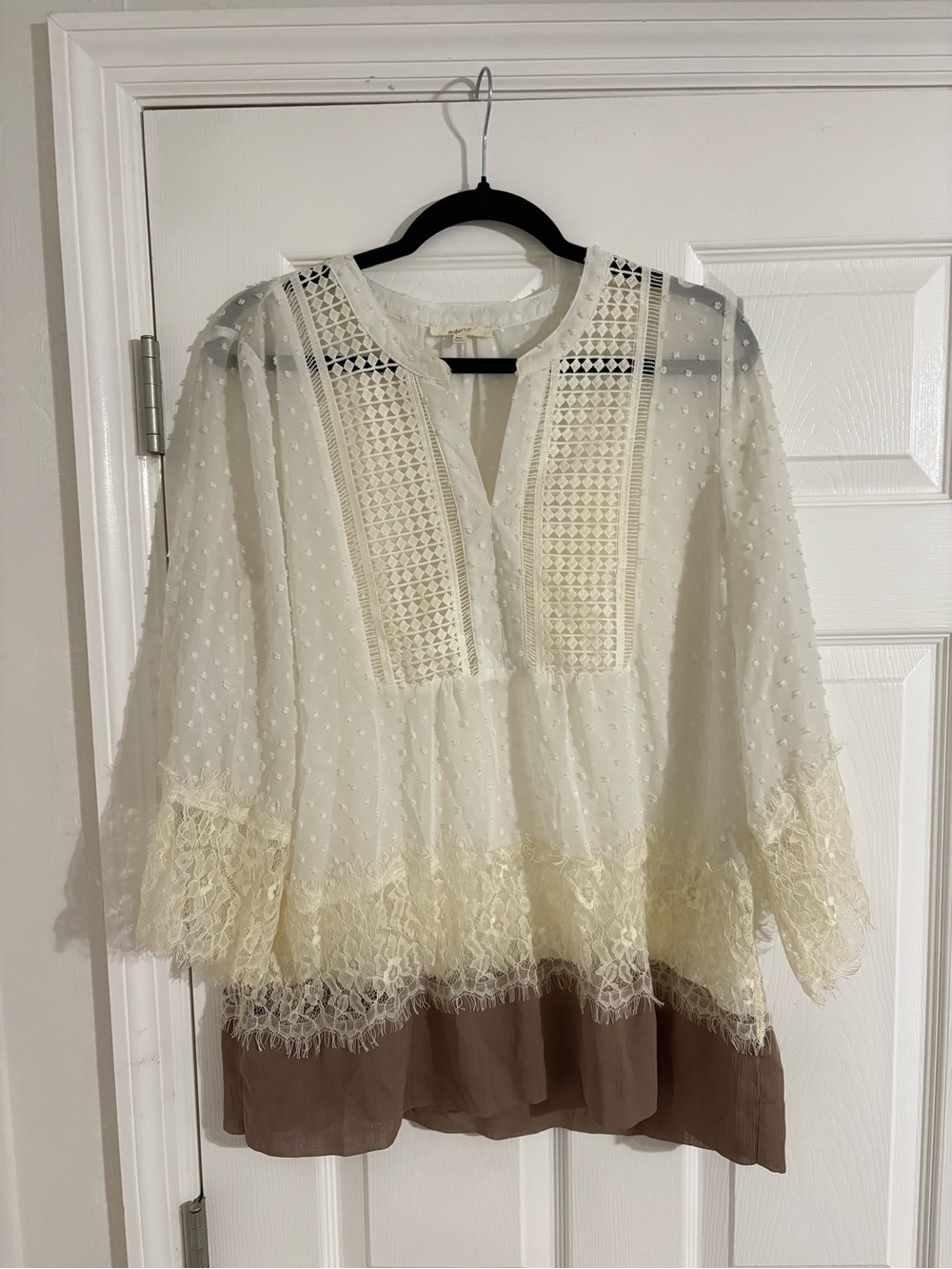 Mystree Ivory Swiss Dot Lace Tunic with Brown Layer